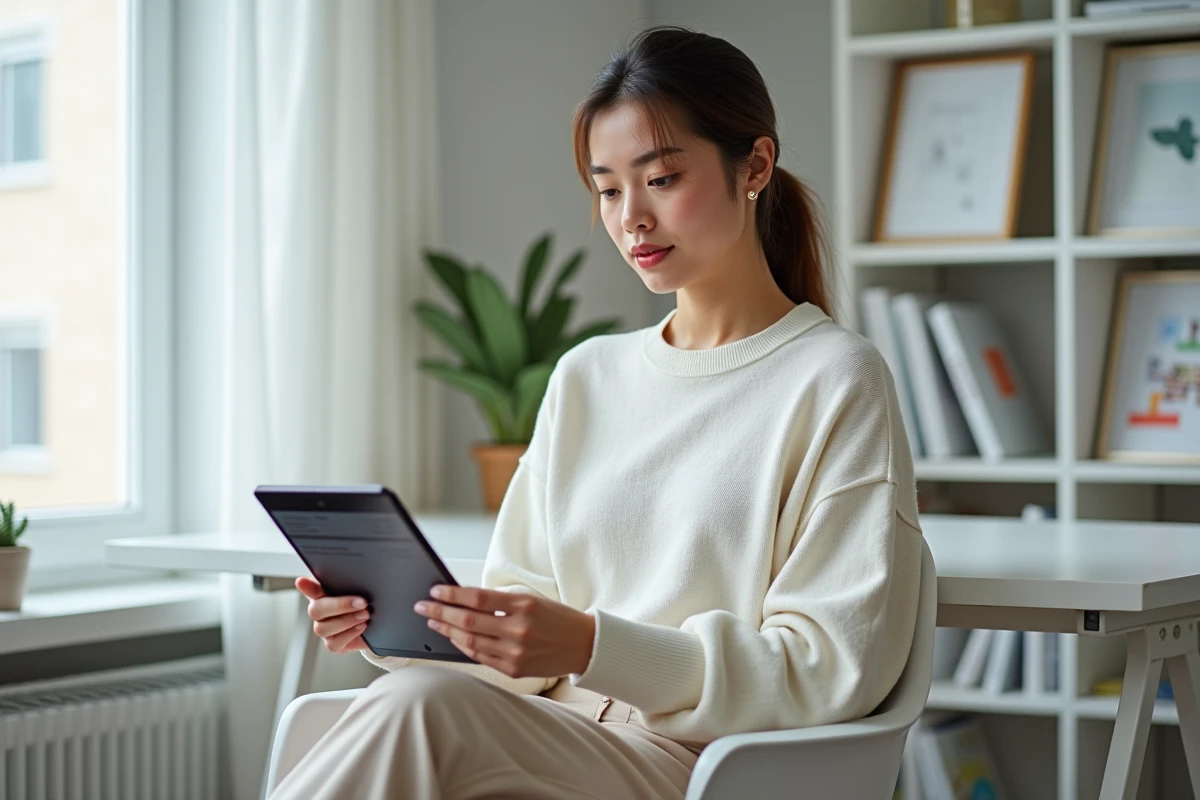 Jeune femme explorant l'interface et les fonctions d'une application sur une tablette dans un espace de travail à domicile