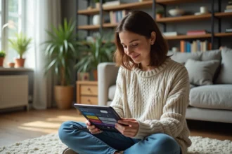 Jeune femme avec tablette dans un salon lumineux