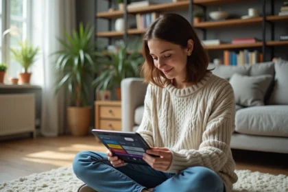 Jeune femme avec tablette dans un salon lumineux