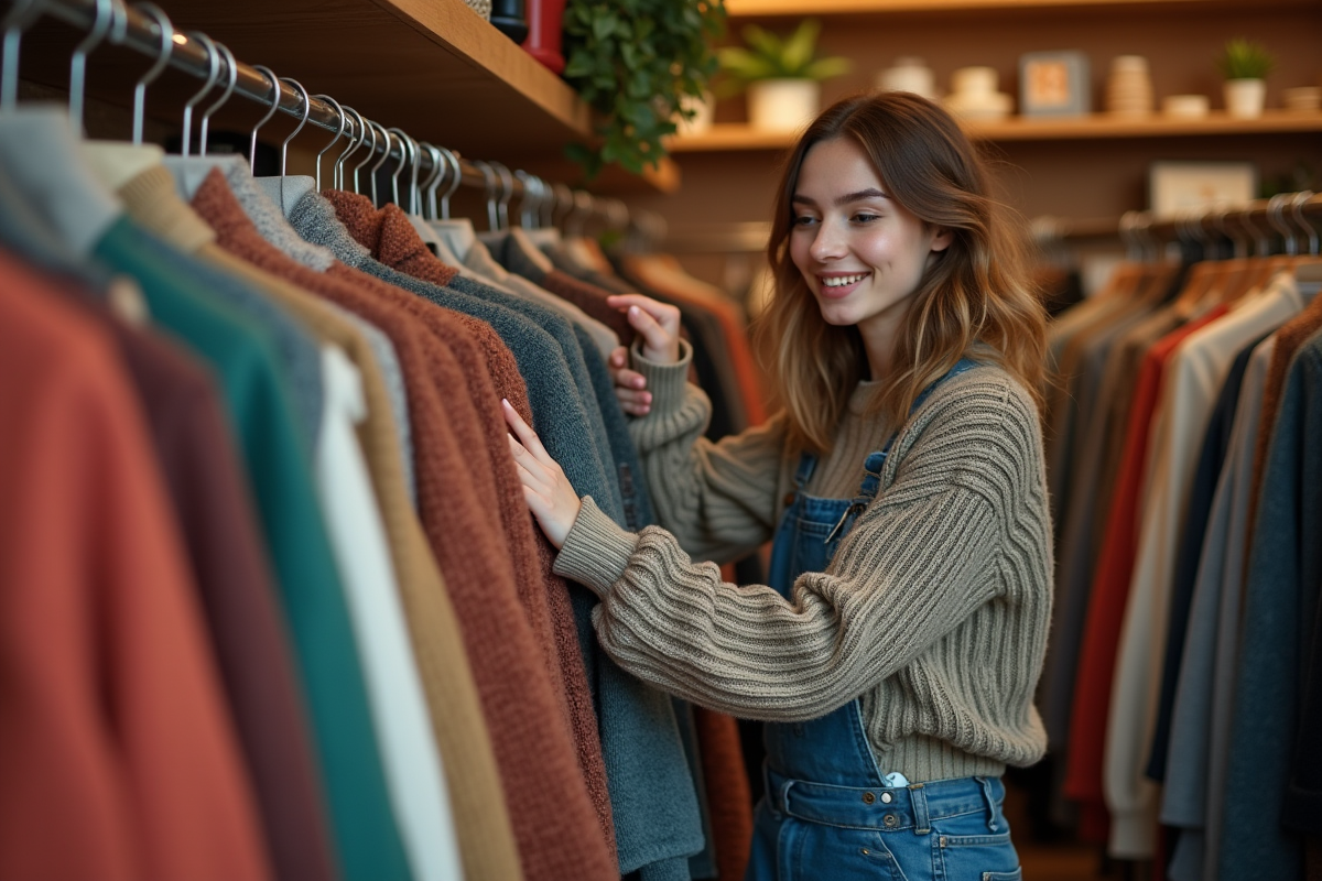 Jeune femme souriante dans une friperie vintage