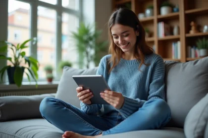 Jeune femme lisant des webtoons sur une tablette dans un salon lumineux