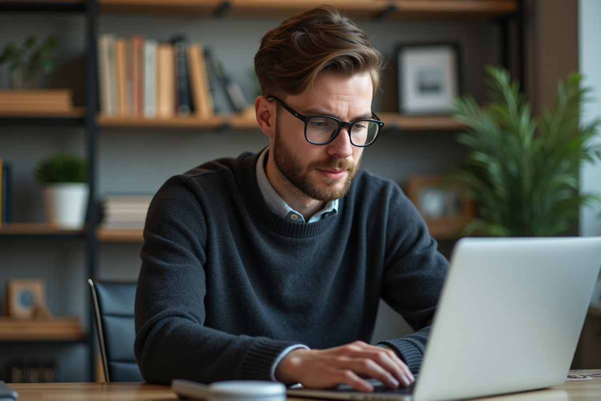 Jeune homme au bureau avec ordinateur portable et livres
