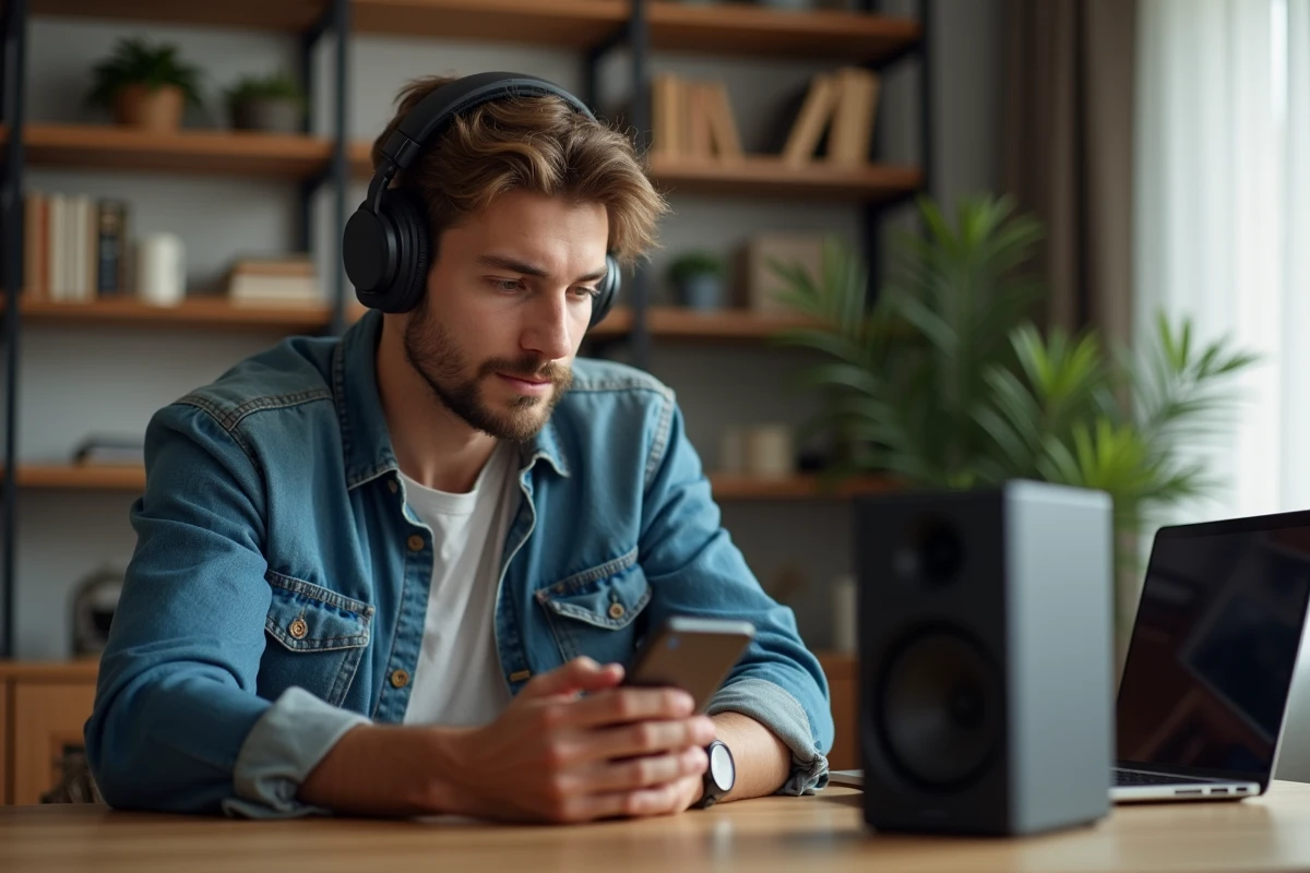 Jeune homme avec casque et smartphone près d'enceintes sur bureau