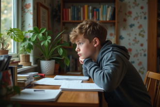 Adolescent fatigué dans son bureau à la maison