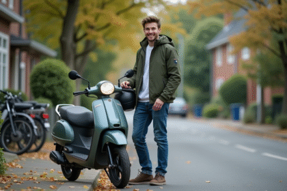 Jeune homme souriant avec moto dans rue résidentielle