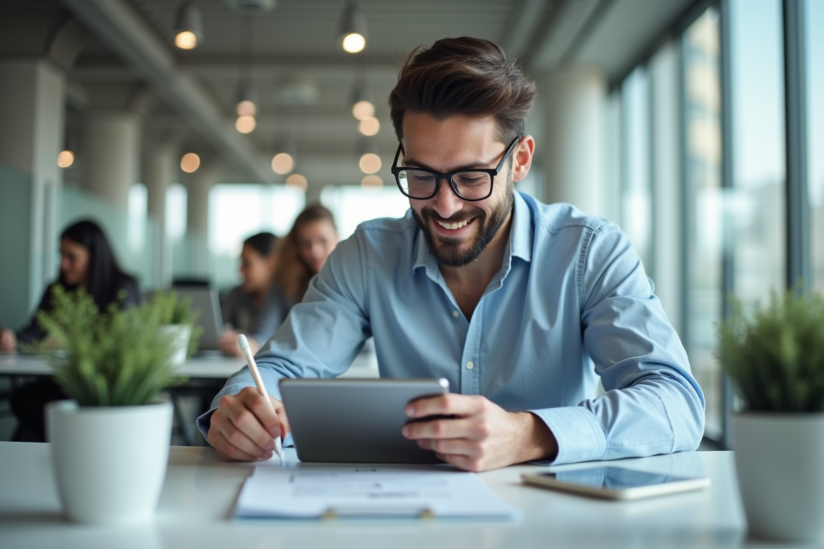 Jeune homme dans coworking révisant un document sur tablette