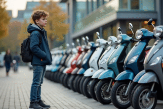 Jeune garçon devant des scooters 50 cm³ en ville