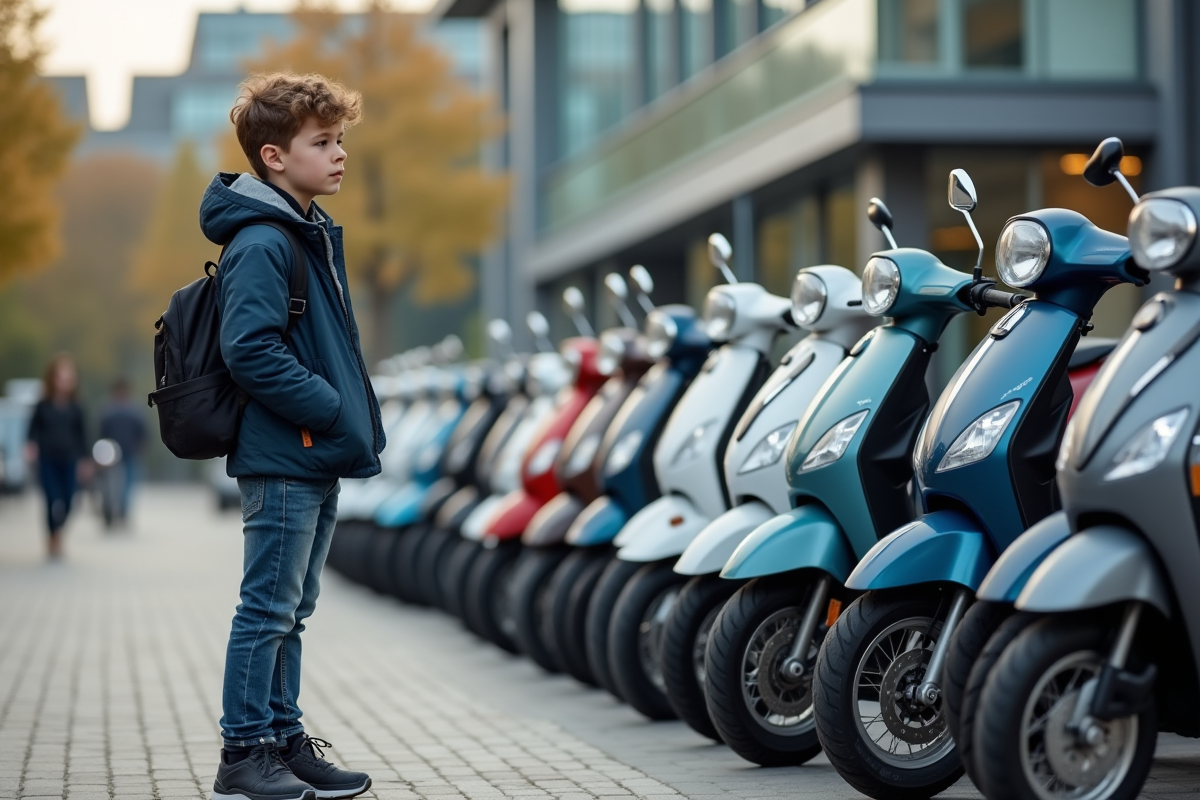 Jeune garçon devant des scooters 50 cm³ en ville
