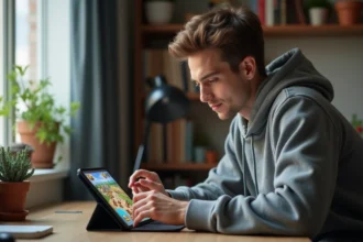 Jeune homme concentré jouant à un jeu de stratégie sur tablette