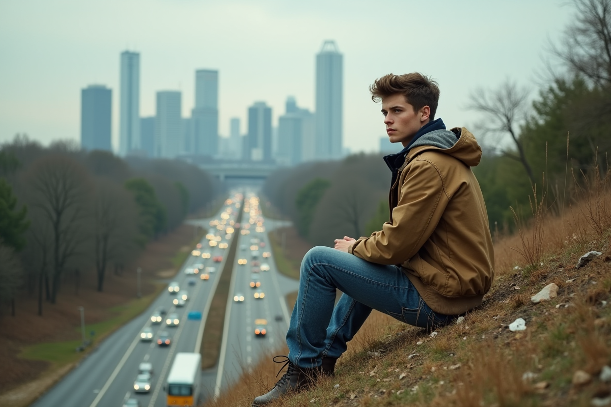 Jeune homme contemplant la route en zone urbaine en expansion