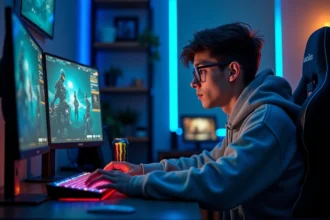 Jeune joueur de League of Legends concentré devant ses écrans dans une chambre gaming