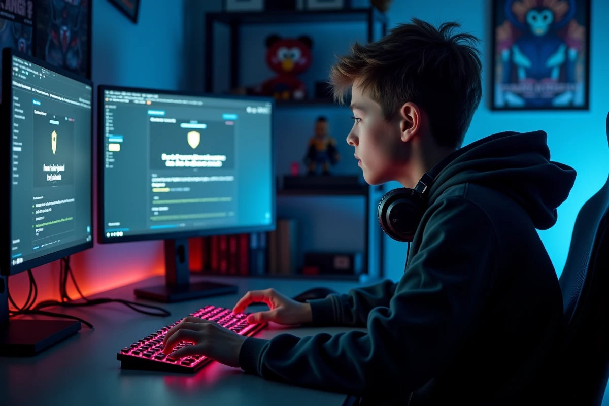 Adolescent configurant un VPN face à un avertissement d'hameçonnage sur double écran