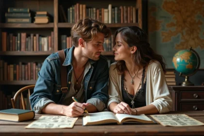 Jeune homme et femme en costumes pirates modernes à une table