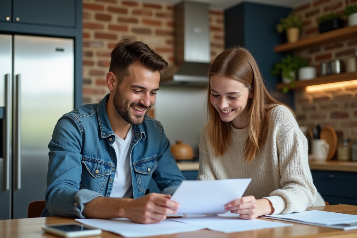 Jeune couple dans une cuisine moderne partageant des documents