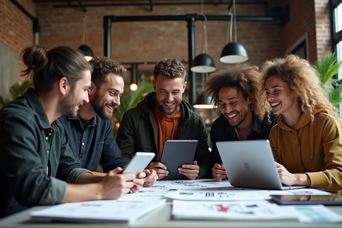 Groupe de jeunes créatifs en discussion dans un loft industriel