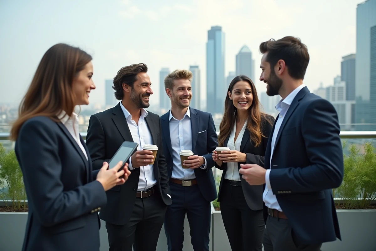 Groupe de jeunes professionnels sur un toit avec vue urbaine