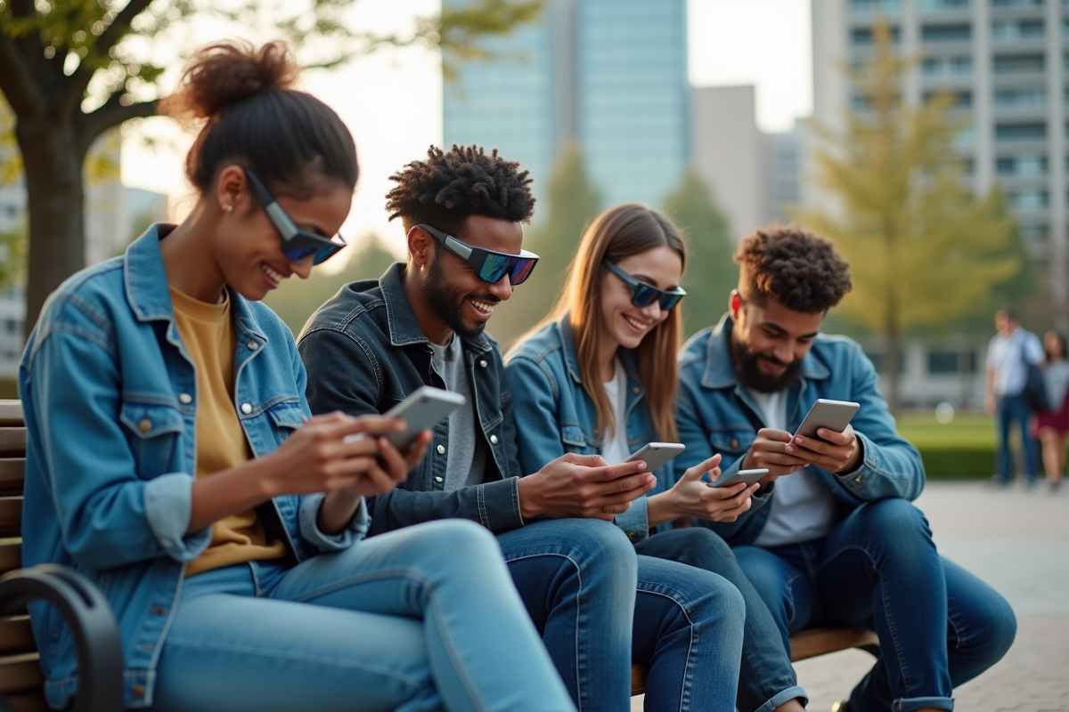 Groupe de jeunes avec appareils futuristes dans un parc urbain