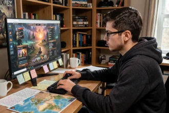 Joueur adulte concentré devant un écran affichant un jeu de rôle fantasy, entouré de notes manuscrites pour résoudre des quêtes de chasseurs Dofus