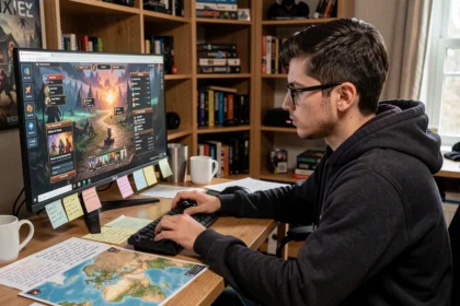 Joueur adulte concentré devant un écran affichant un jeu de rôle fantasy, entouré de notes manuscrites pour résoudre des quêtes de chasseurs Dofus