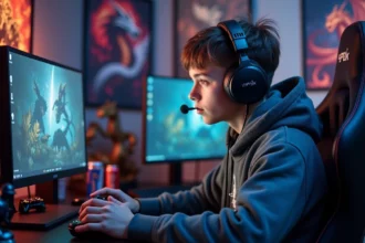 Jeune homme esport concentré avec casque et hoodie