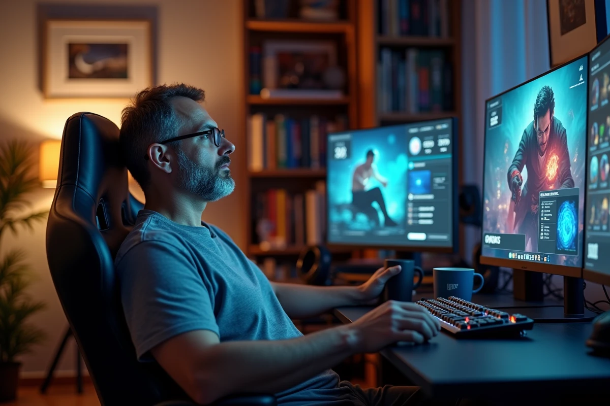 Joueur vétéran de LoL dans son bureau gaming soigné avec statistiques de jeu à l'écran