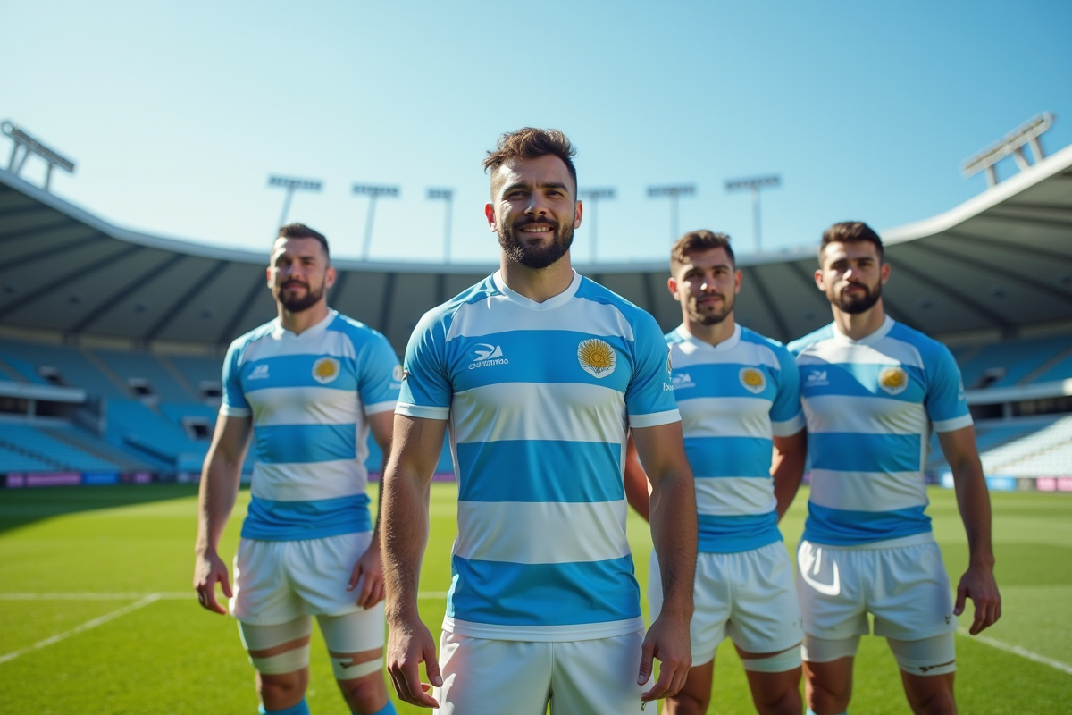 Joueurs de rugby argentins en maillots modernes sur le terrain