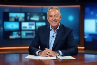 Journaliste professionnel assis à un bureau de présentation télévisée dans un studio d'information moderne