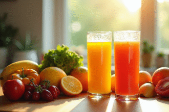 Variété de fruits et légumes frais avec deux verres de jus colorés