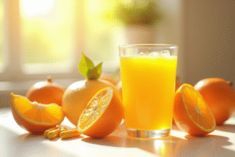 Verre de jus d orange vitaminé entouré d oranges fraîches