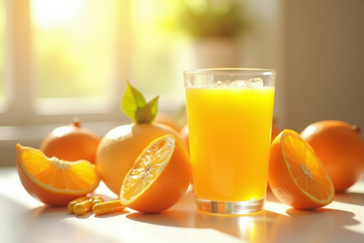 Verre de jus d orange vitaminé entouré d oranges fraîches