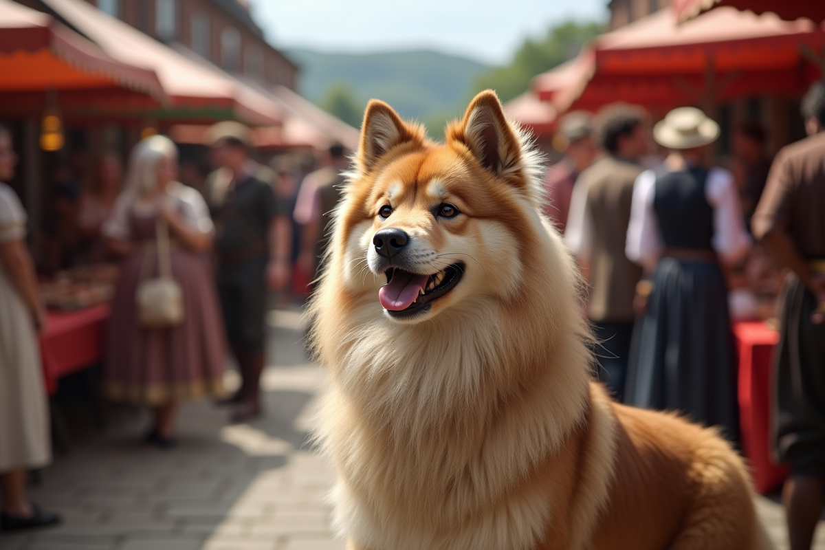 Keeshond dans un marché historique en plein air animé