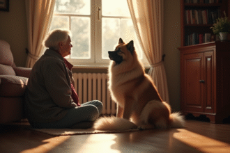 Keeshond assis près d'une femme âgée dans un salon lumineux