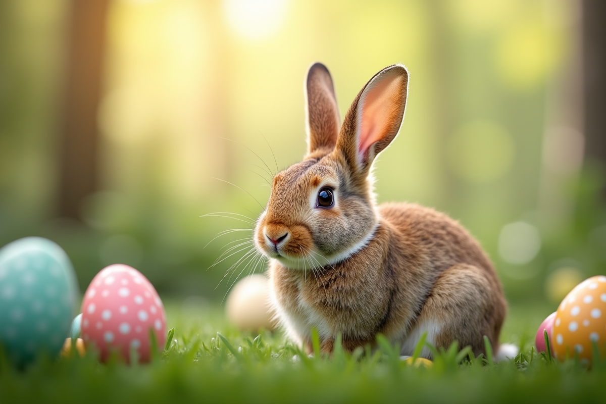Lapin brun et blanc dans un jardin printanier avec œufs de Pâques