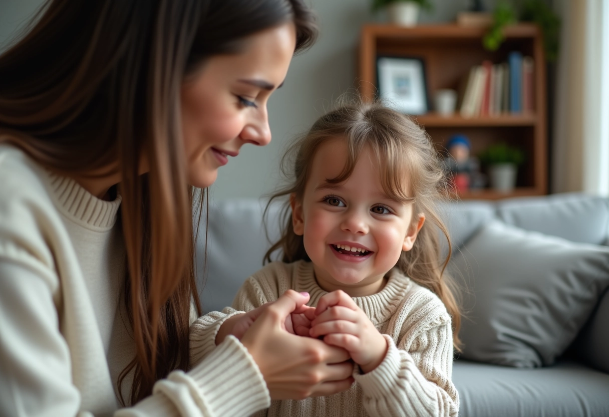 Maman réconfortant sa fille dans un salon chaleureux