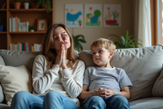 Femme en détente avec son fils dans un salon cosy