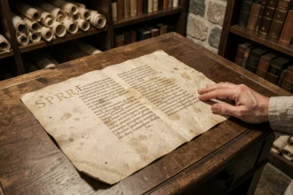 Manuscrit latin ancien avec inscription SPQR sur parchemin posé sur un bureau en chêne dans une archive historique