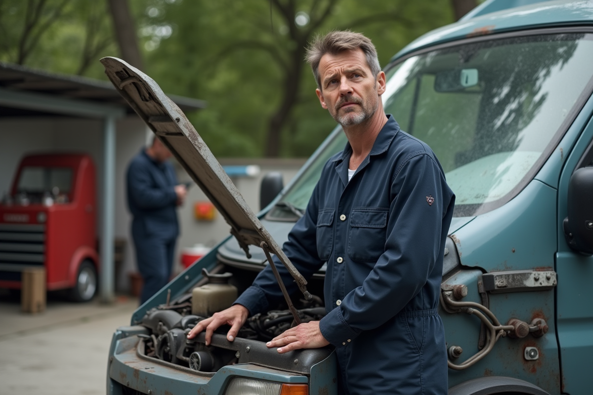 Mécanicien homme examinant un Renault Trafic en extérieur