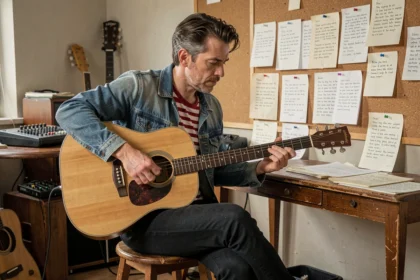 Musicien français jouant de la guitare acoustique entouré de feuilles de paroles manuscrites dans une salle de répétition intimiste