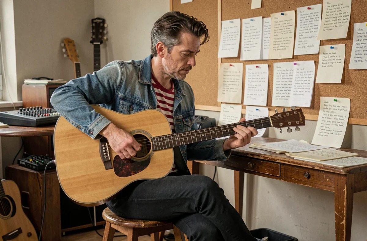 Musicien français jouant de la guitare acoustique entouré de feuilles de paroles manuscrites dans une salle de répétition intimiste
