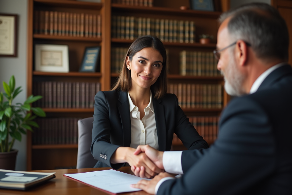 Jeune femme et notaire échangeant un document signé