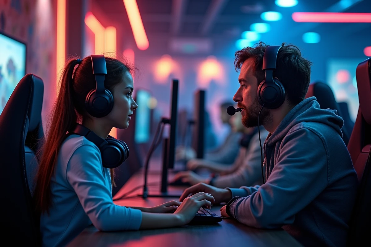 Nouveau joueur et vétéran côte à côte dans un café gaming illustrant la communauté LoL