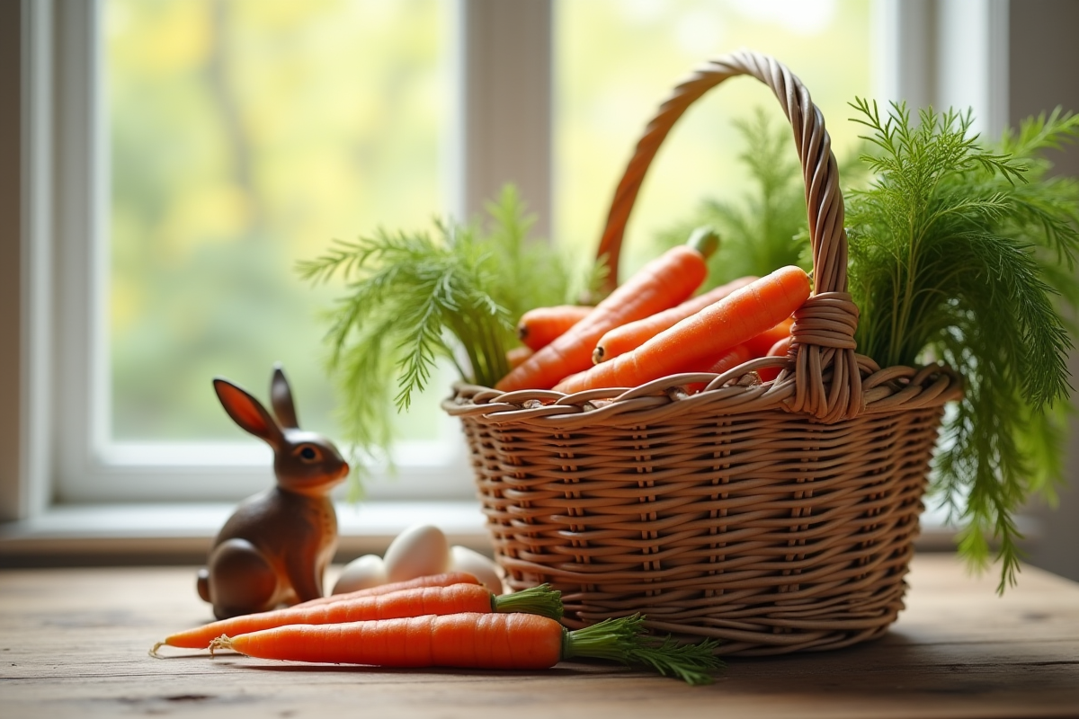 Panier en osier avec carottes et figurine de lapin en céramique