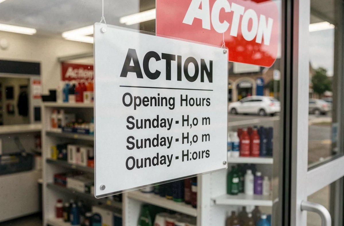 Panneau d'horaires d'ouverture d'un magasin Action avec les heures du dimanche affichées sur la porte d'entrée
