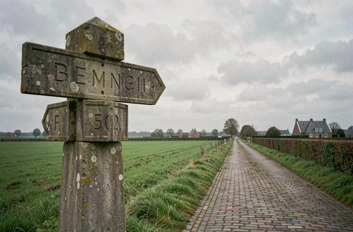 Panneau en pierre à un carrefour de campagne belge indiquant des noms de villes en trois lettres dans un paysage flamand