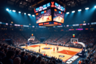Tableau de score lumineux dans une arena de basketball avec joueurs flous