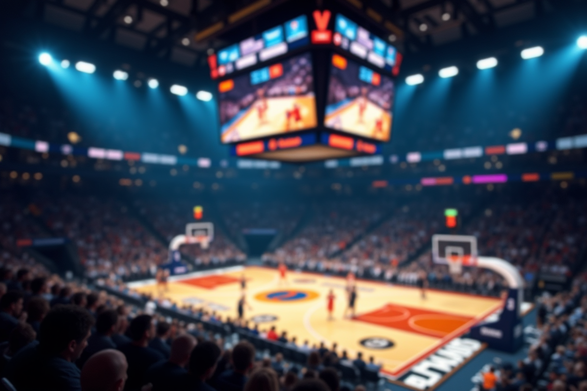 Tableau de score lumineux dans une arena de basketball avec joueurs flous
