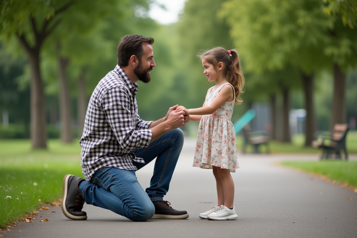 Pere et fille se tenant la main dans un parc naturel