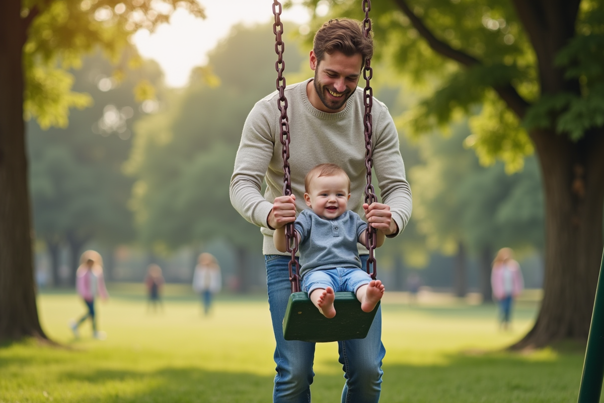 Père poussant son enfant sur une balançoire dans un parc