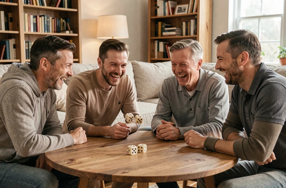 Groupe d'amis jouant au 421 autour d'une table dans un salon convivial