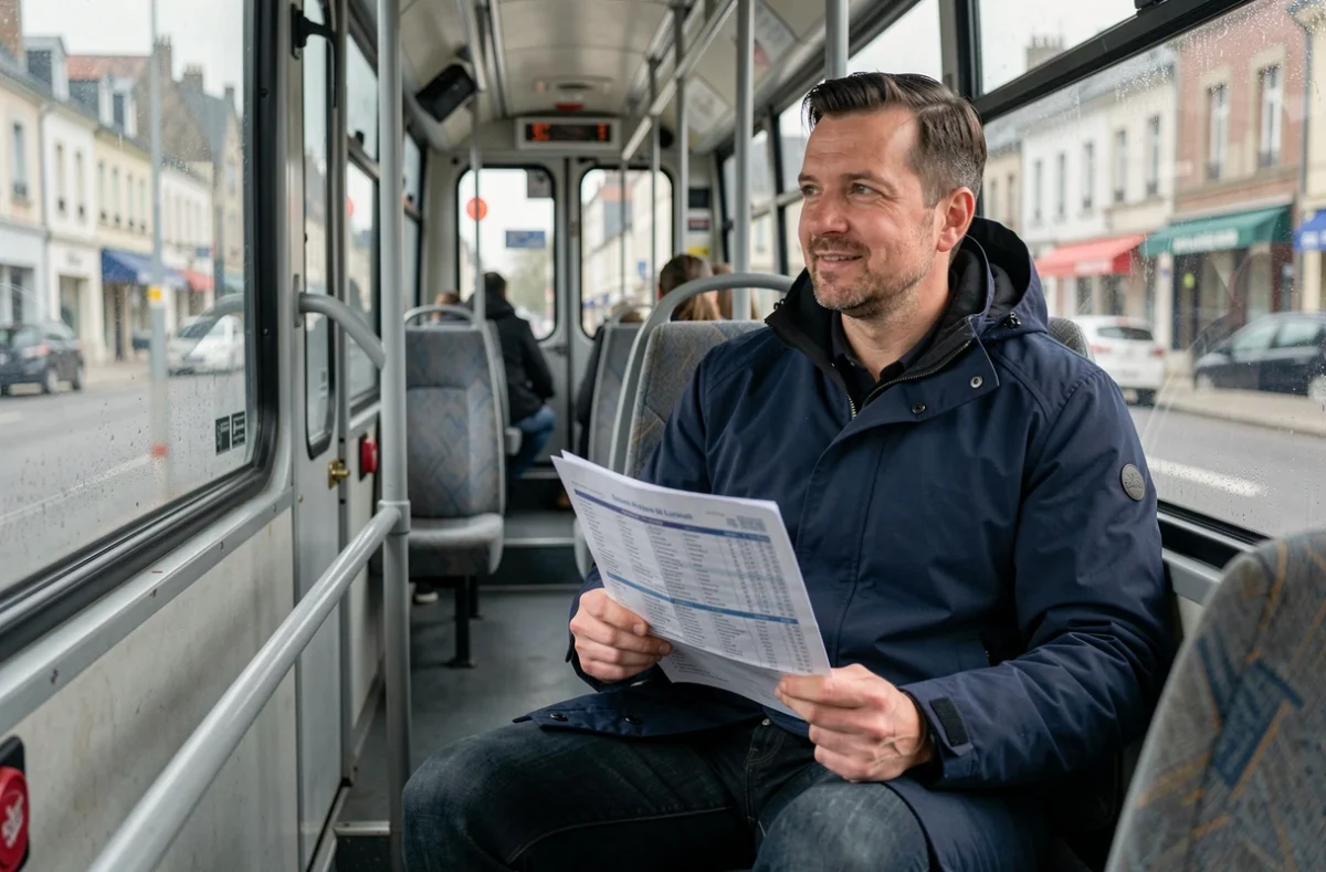 Passager lisant les horaires de bus dans un car régional à Sarreguemines